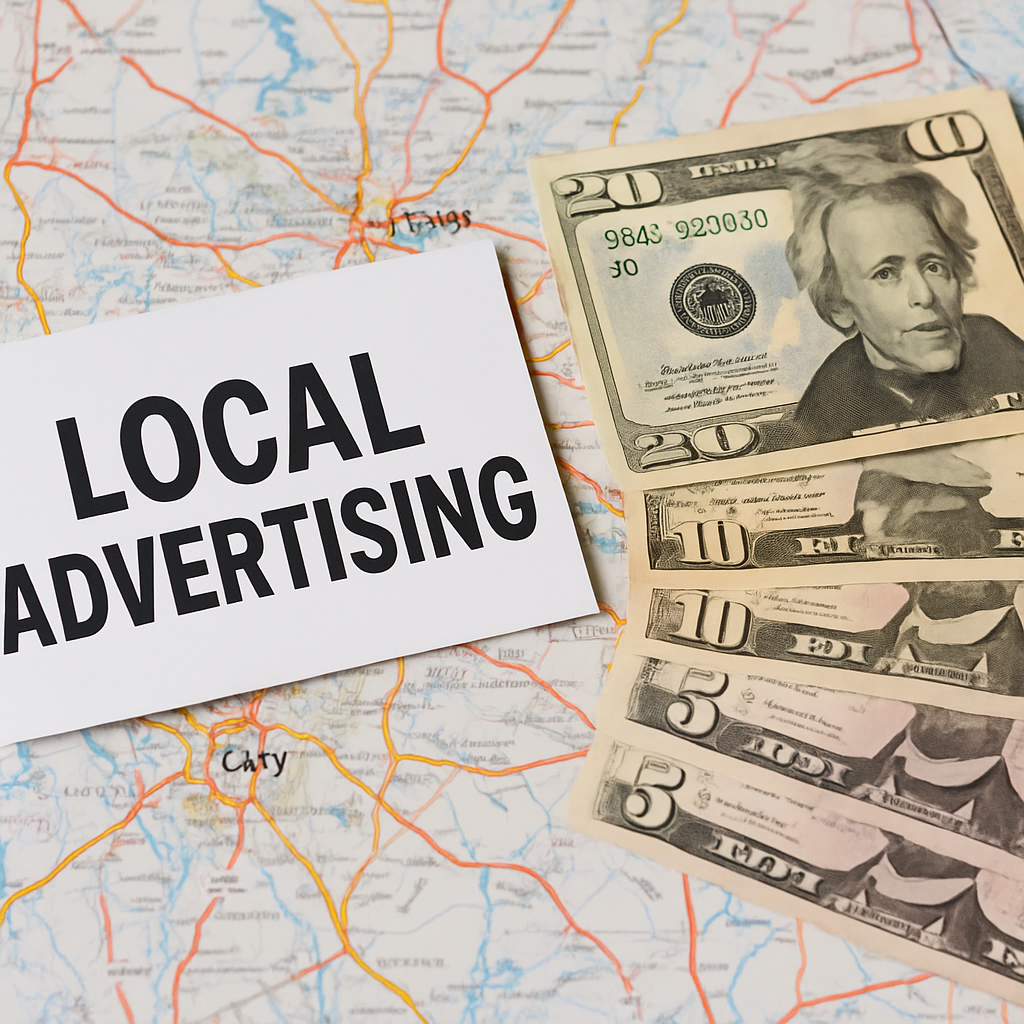 Generate a stock image for a website Create an image that illustrates a local advertisement and money Include imagery of a map and money