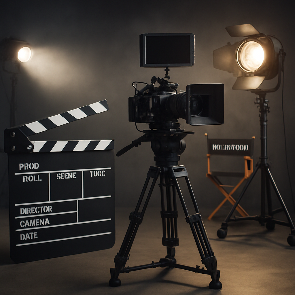 Generate a stock photo for a website featuring a video photoshoot No people or animals or icons Just the camera equipment on a Hollywood set-1